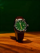 Green Dial Watch with Brown Leather Strap